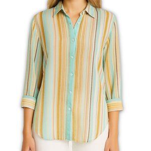 Rachel Zoe Striped Tunic Shirt Button Front Resort Boho Green Pink Size M
